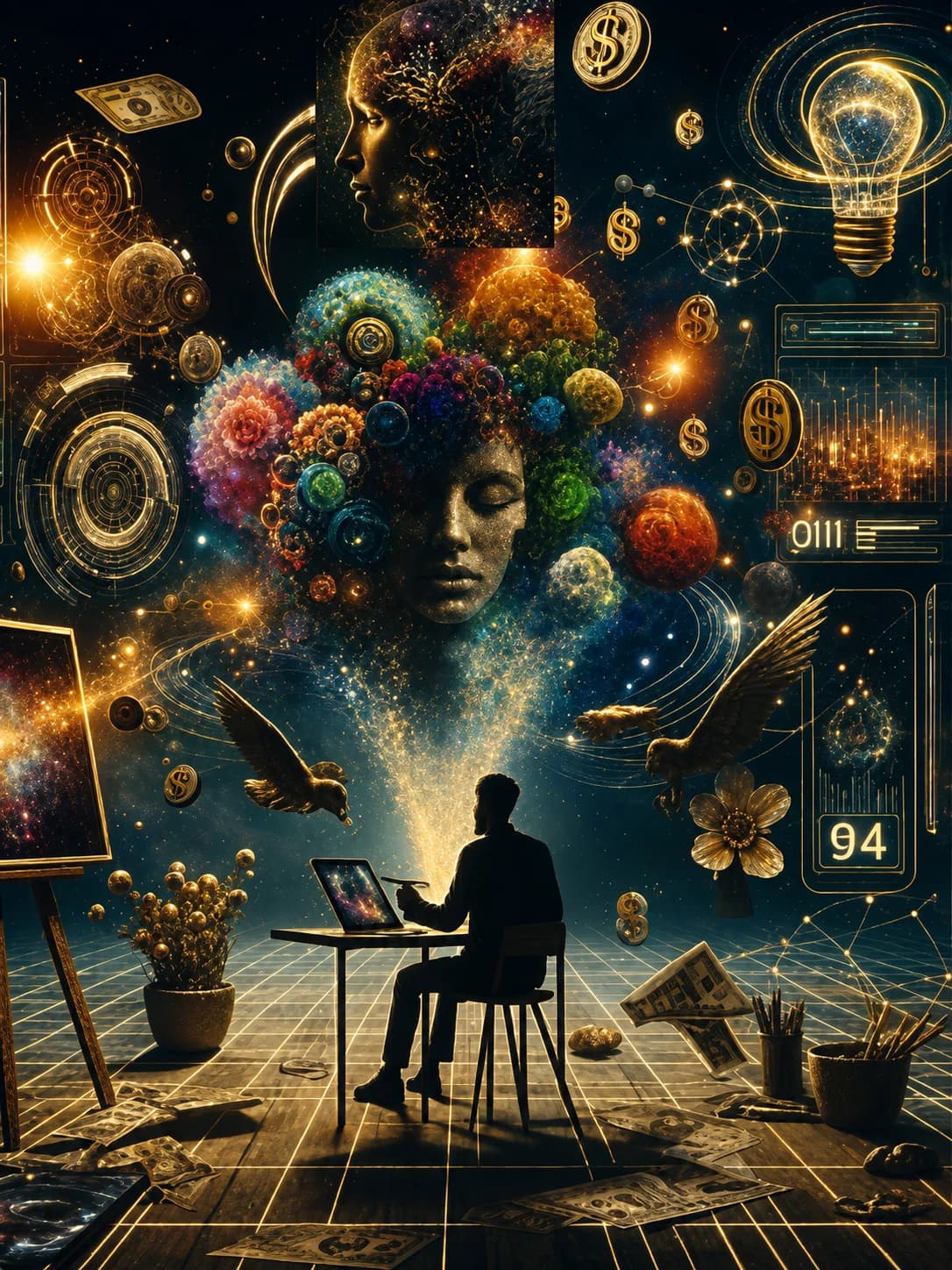 A writer at a desk beneath a mind blooming into colour